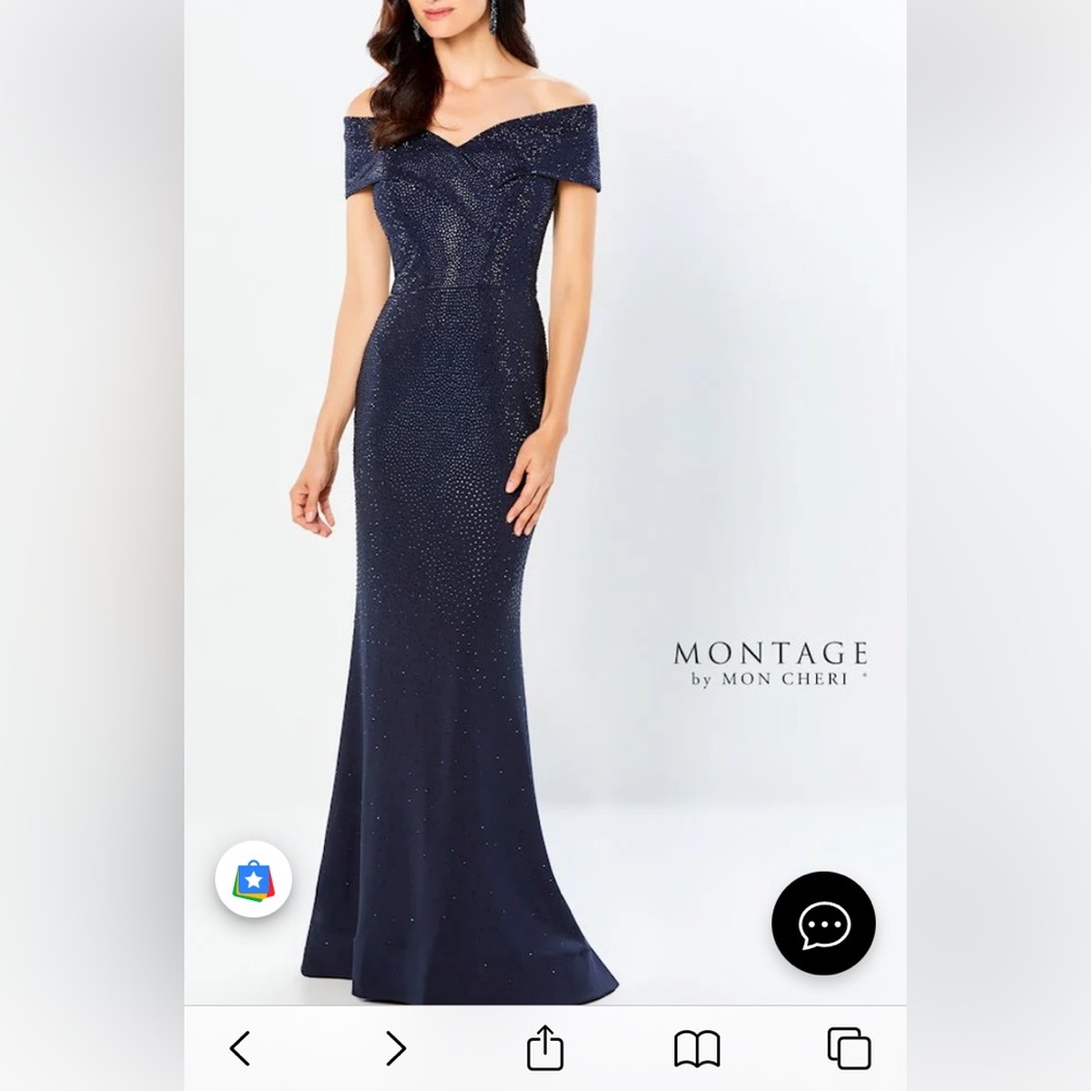 Montage by Mon Cheri Midnight Blue Off-Shoulder Gown